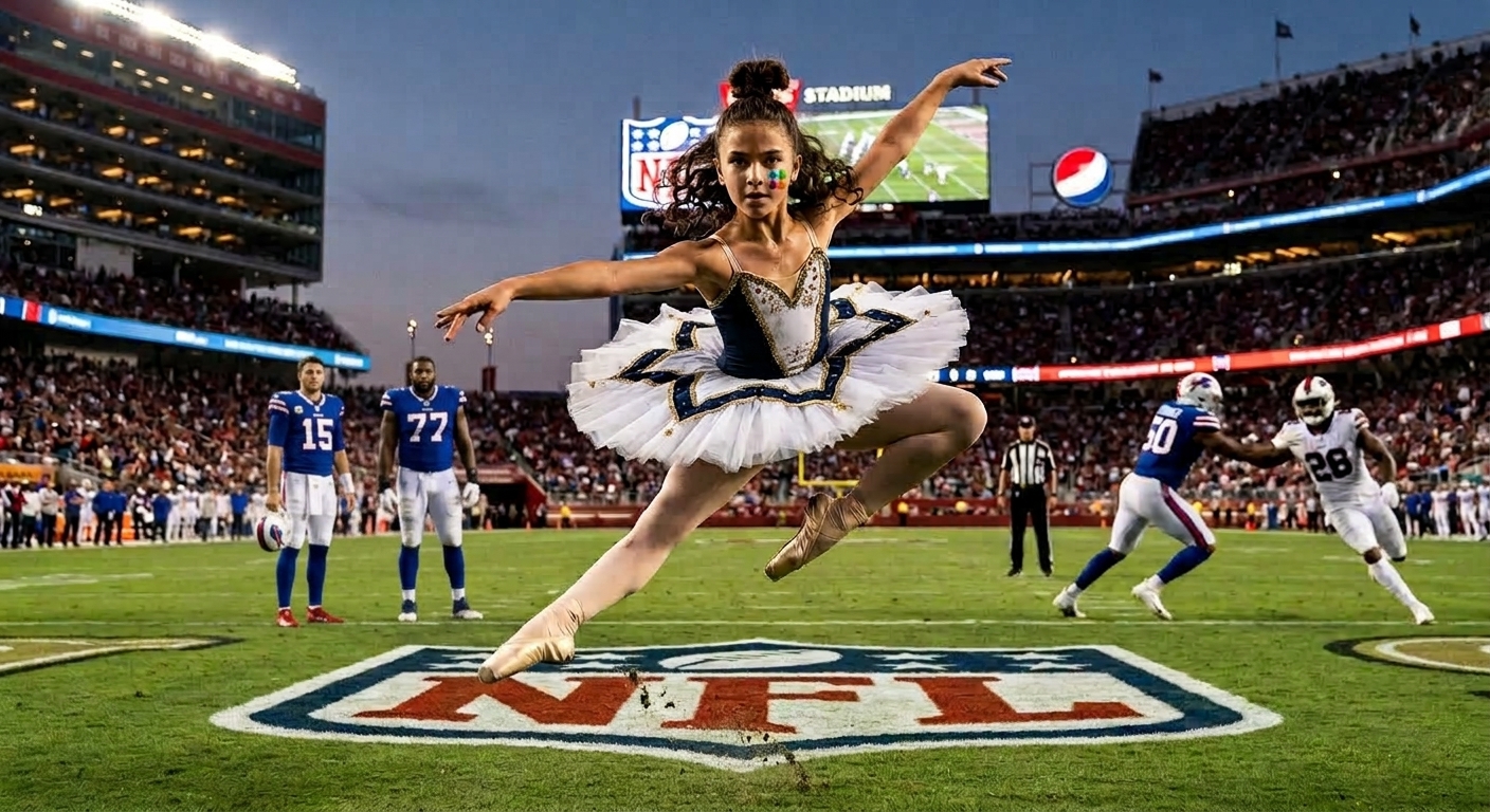 A ballet dancer in a grand jeté on an NFL field inside a packed stadium.