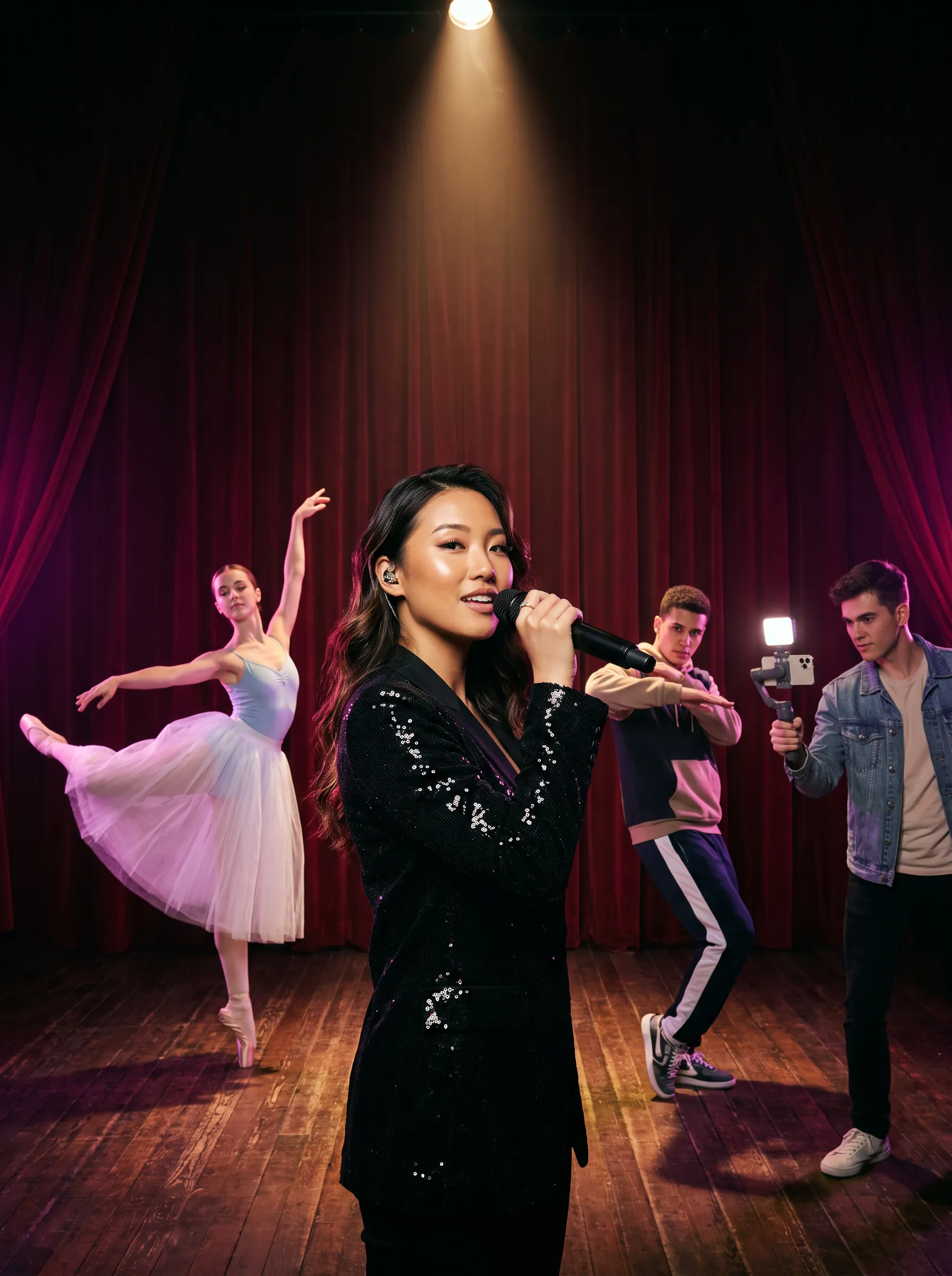 Young artists on a dark stage: a K-pop singer, a ballet dancer, a hip-hop dancer, and a YouTube vlogger